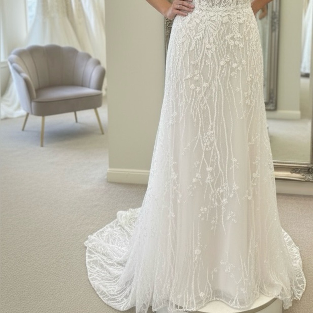 Wedding Dress, Floral Embroidery, Lace, Beaded, Off Shoulder, Mon Cheri, Bardot